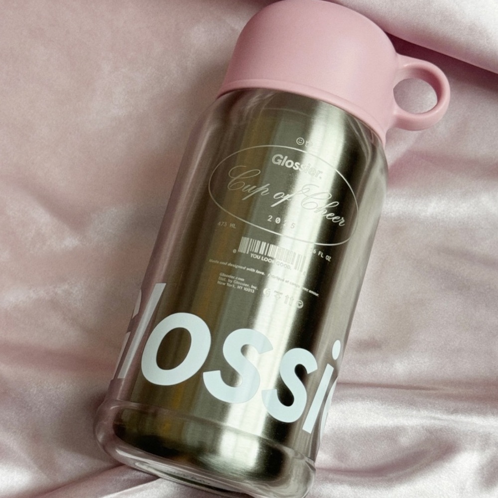 Glossier Silver and Pink Tumbler Thermos